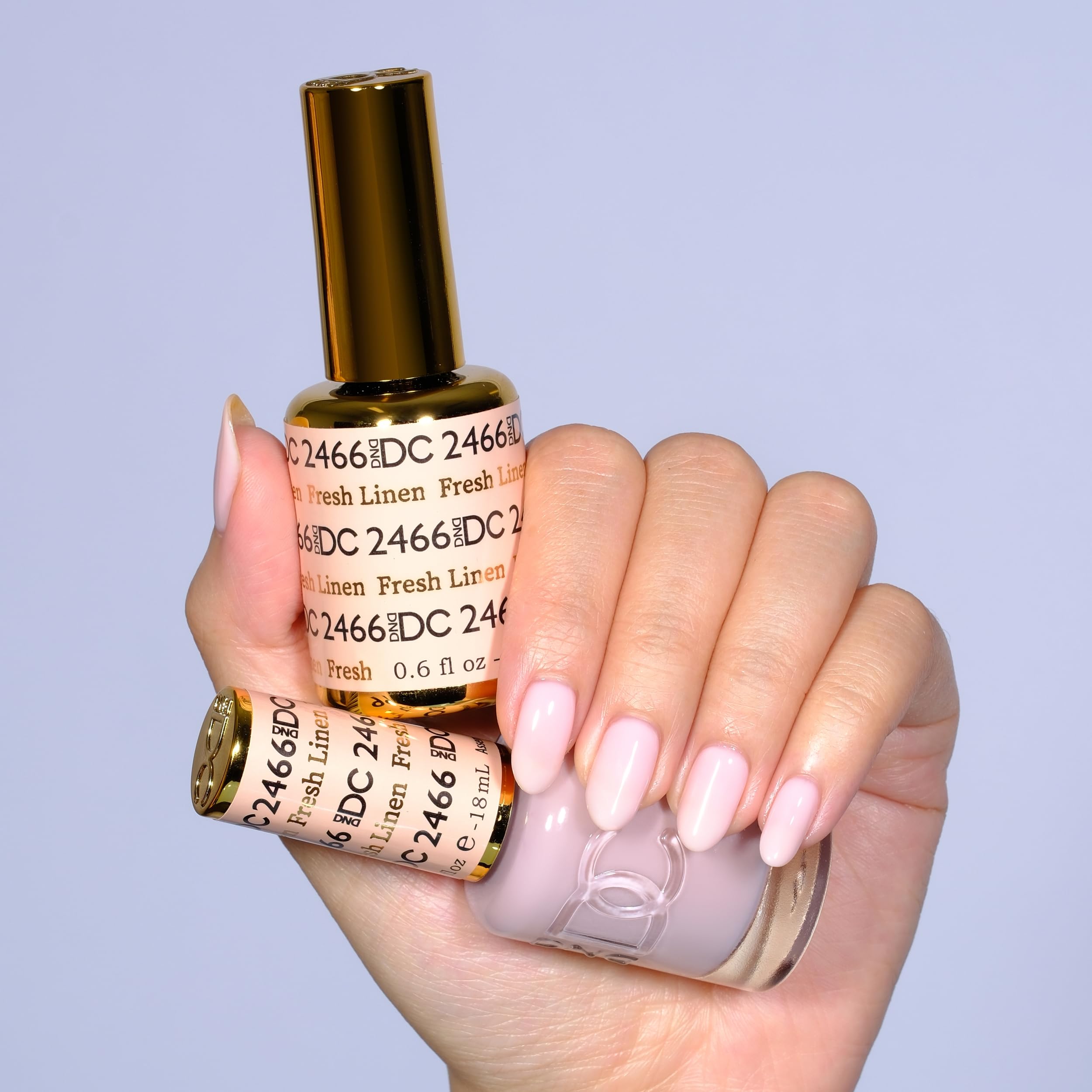 DAISY DND DC gel polish 2466 Fresh Linen lacquer bottle with matching shade display.