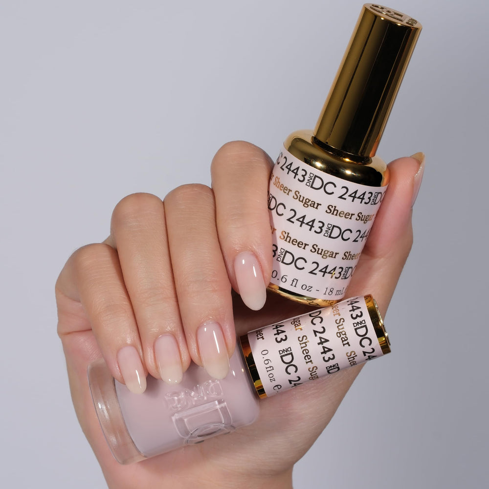 Daisy DND Sheer Sugar lacquer and gel polish duo on swatch card for coordinated color ideas.