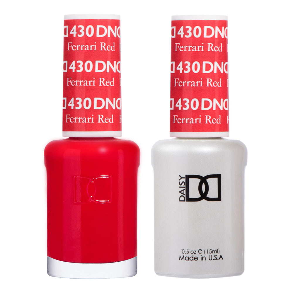 Daisy DND Ferrari Red gel bottle closeup shows vibrant color and professional finish.
