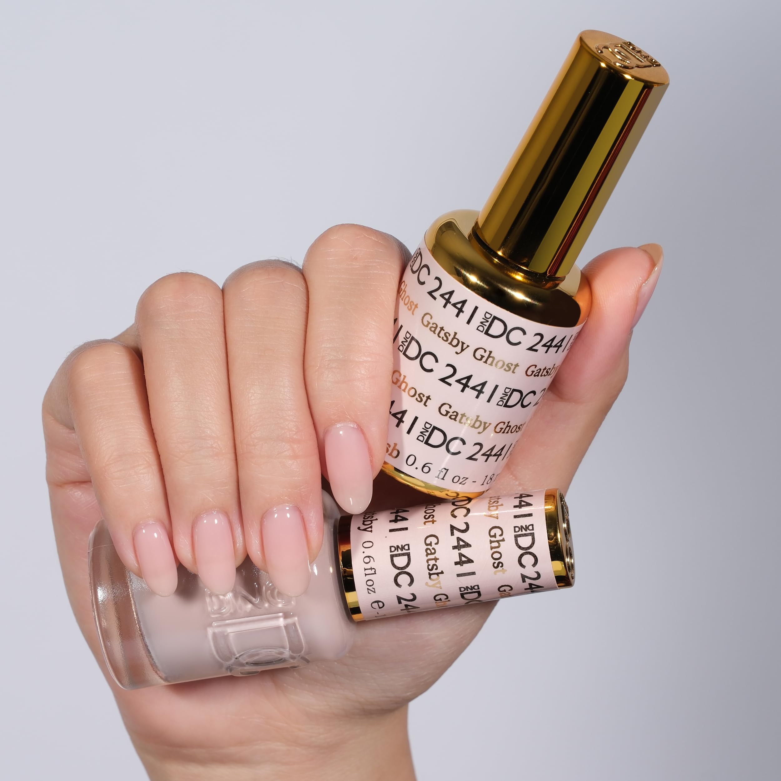 Gatsby Ghost nail polish bottle paired with gel for cohesive color.
