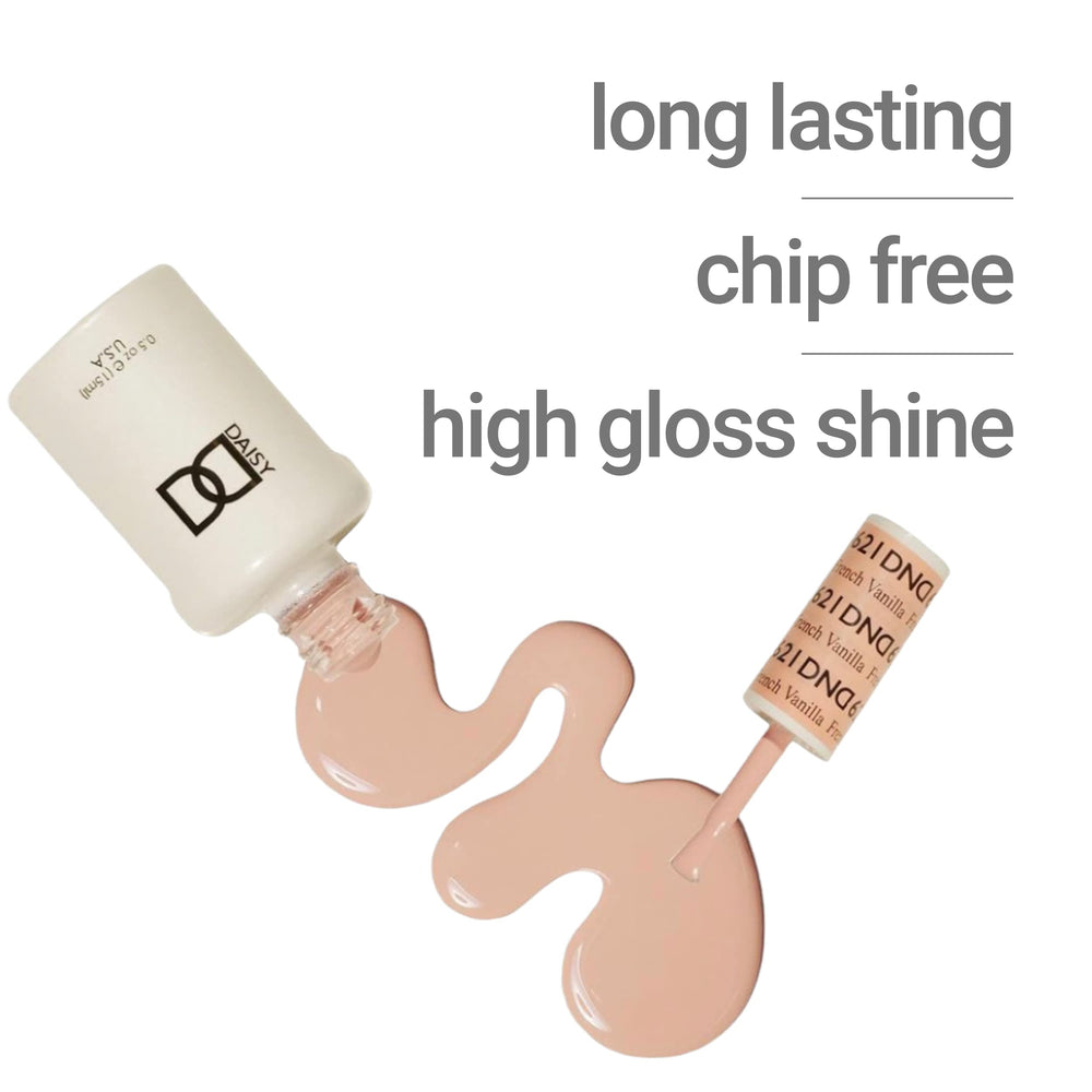 Daisy DND gel polish bottle and lacquer close-up shows smooth application and precise color match.