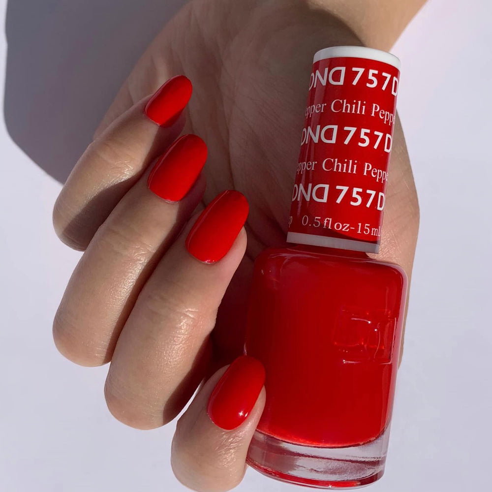 Daisy DND Chili Pepper gel polish swatches show true red hues for bold mani.
