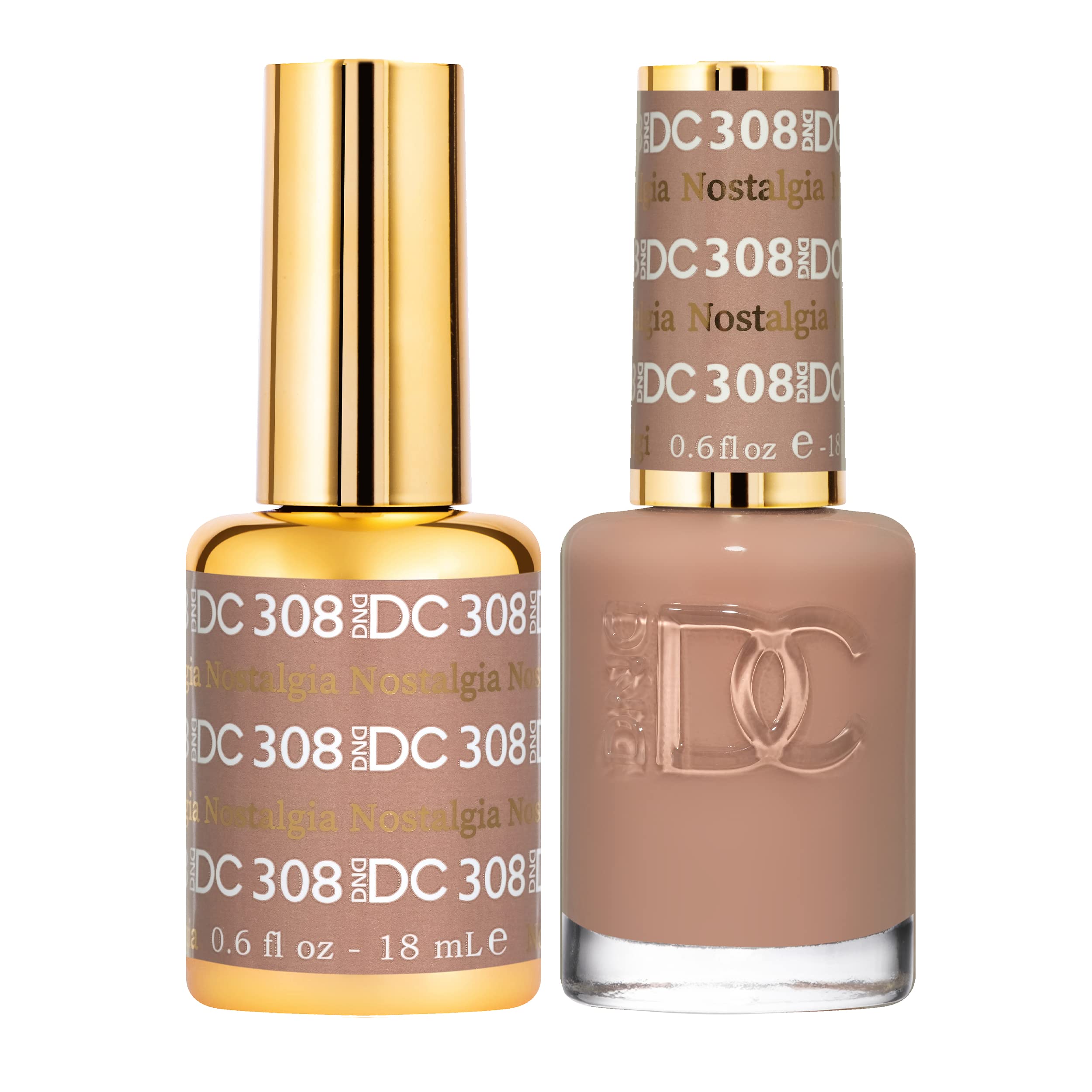 Daisy DND Nostalgia 308 gel bottle close-up for long-lasting nude manicure.