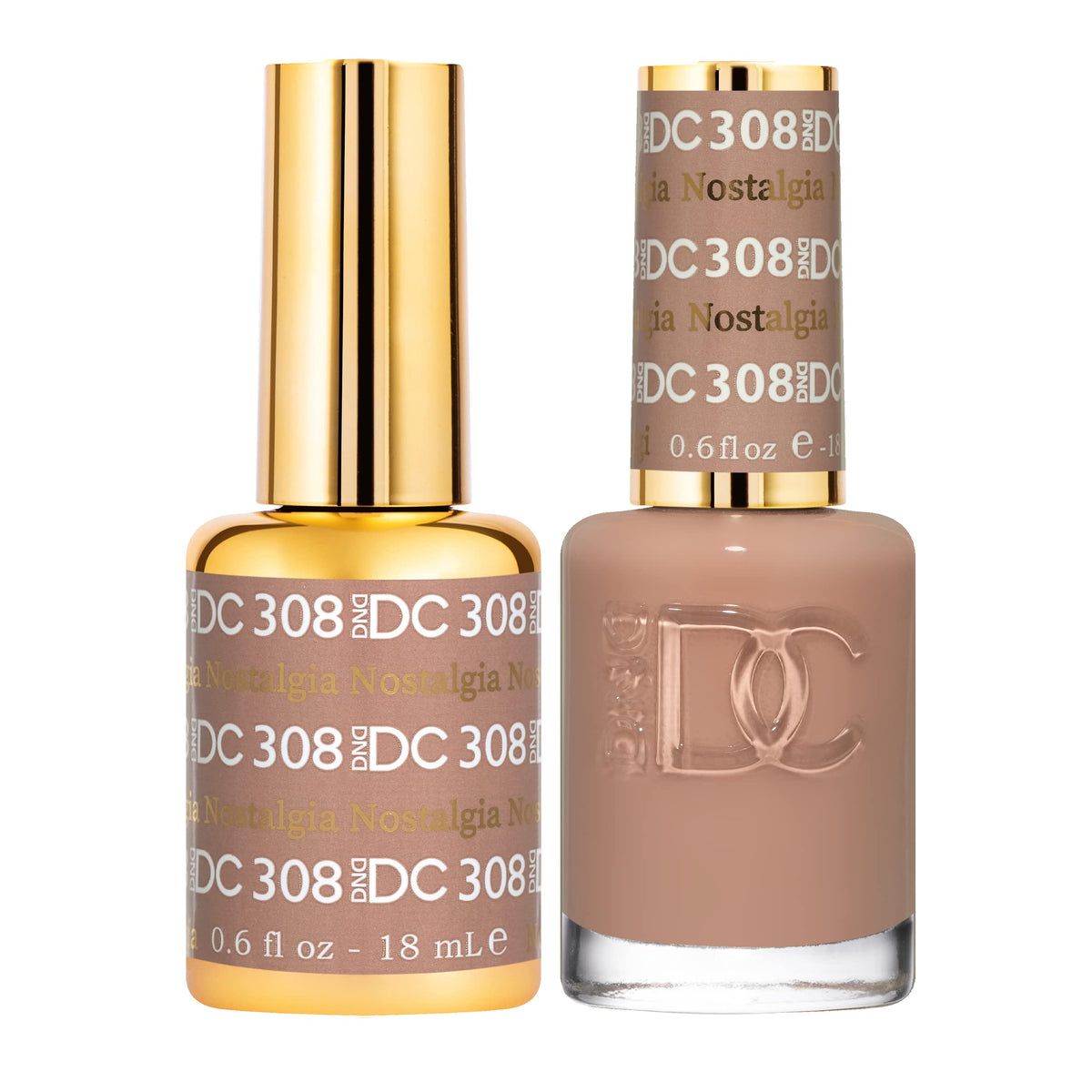 Daisy DND Nostalgia 308 gel bottle close-up for long-lasting nude manicure.