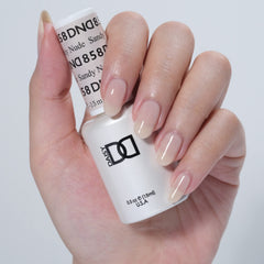 Daisy DND Sandy Nude lacquer bottle pour shows quick-dry, chip-free finish option.