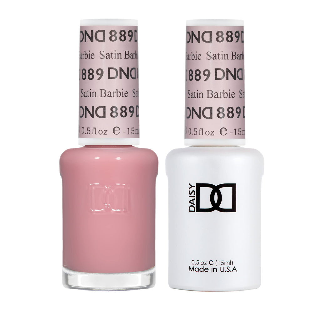DAISY DND Satin 889 gel bottle close-up showing rosy pink sheer shade for smooth application