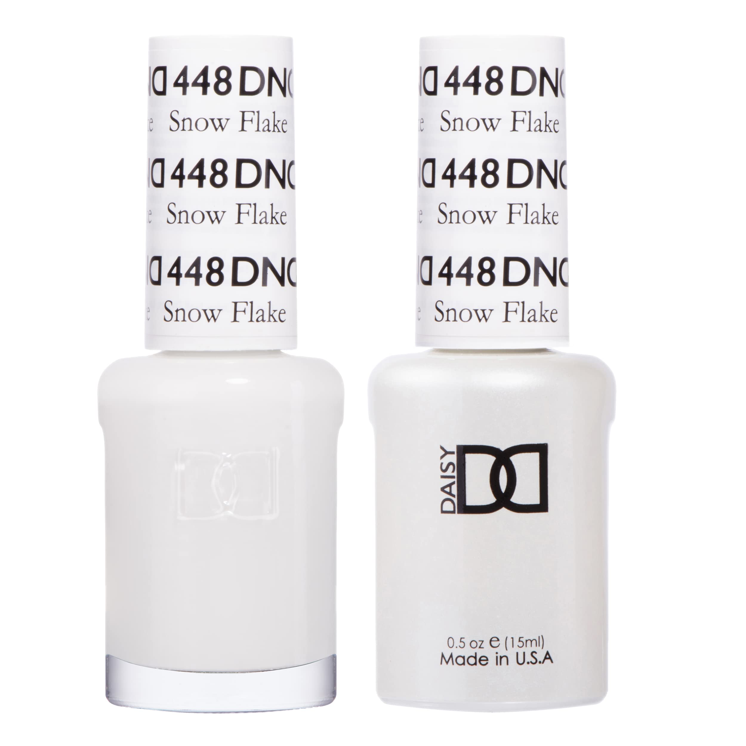 DAISY DND Snow Flake 448 bottle closeup showing creamy white gel polish for smooth coverage