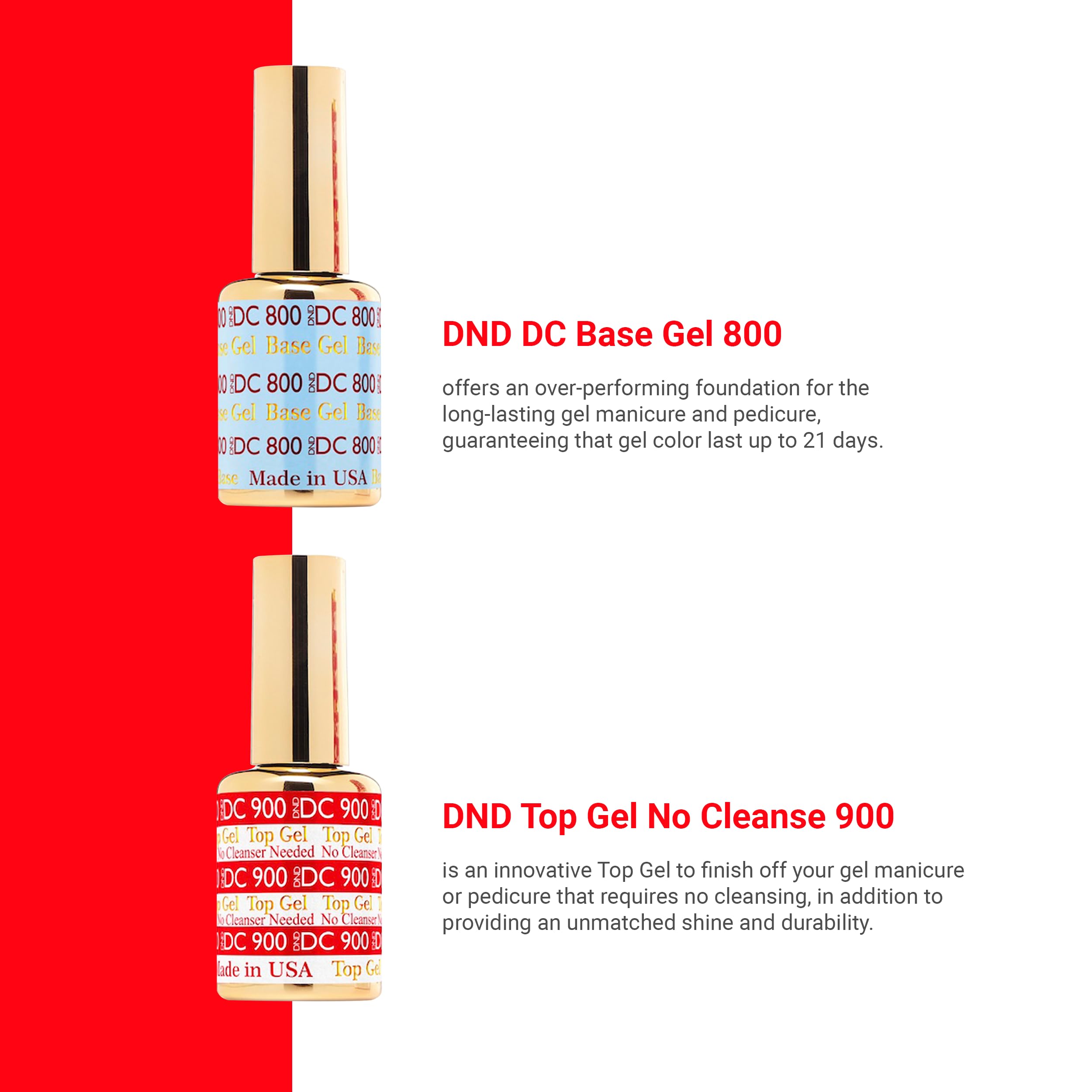 DAISY DND Top Gel 900 No Cleanse cap highlights shiny, residue-free topcoat performance.