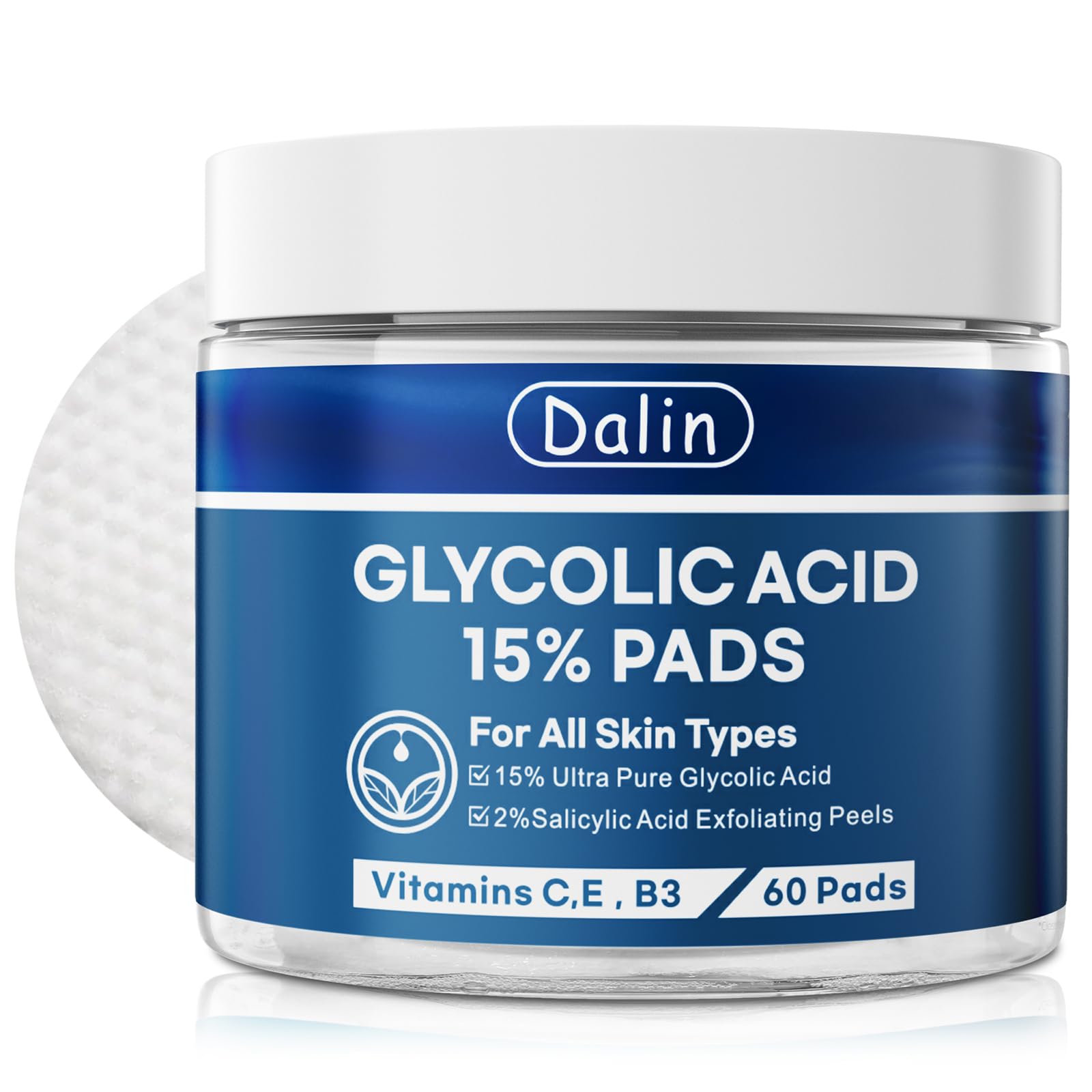Dalin Glycolic Resurfacing Pads packaging shows 60-count jar for easy use