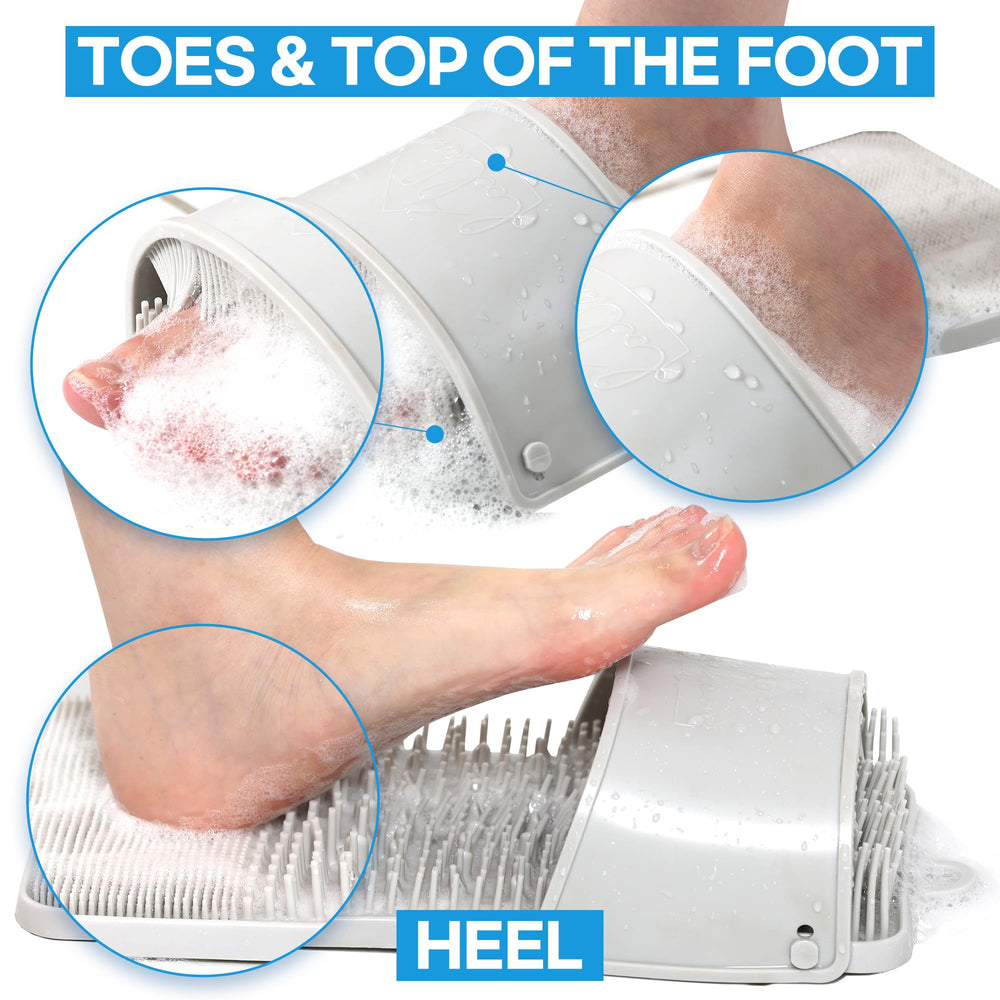 DalkomLife foot scrubber in shower demonstrates secure grip on slippery surfaces