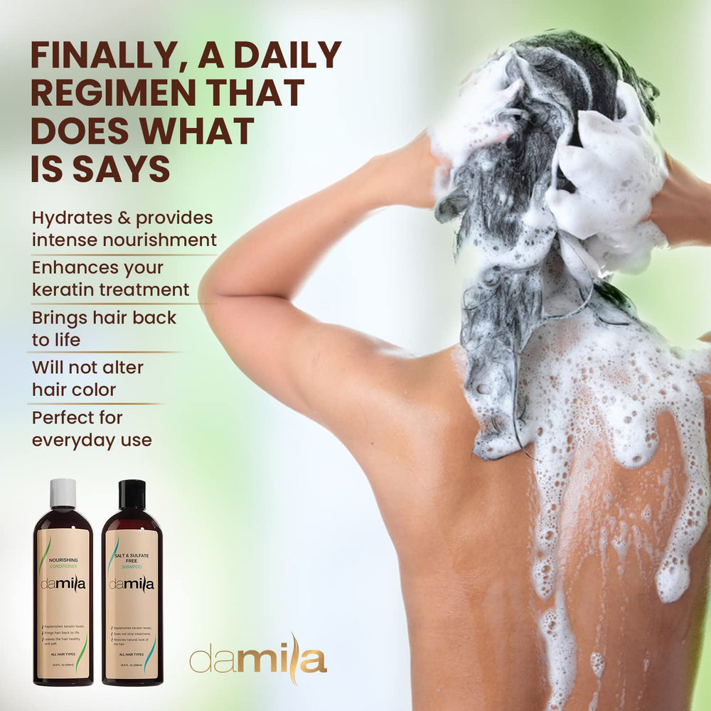 Damila frizz-control bottle highlights curl definition and manageability.