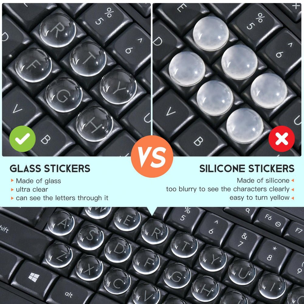 Dammomko glass keycap stickers on laptop keyboard enhance visibility and nail-friendly typing.