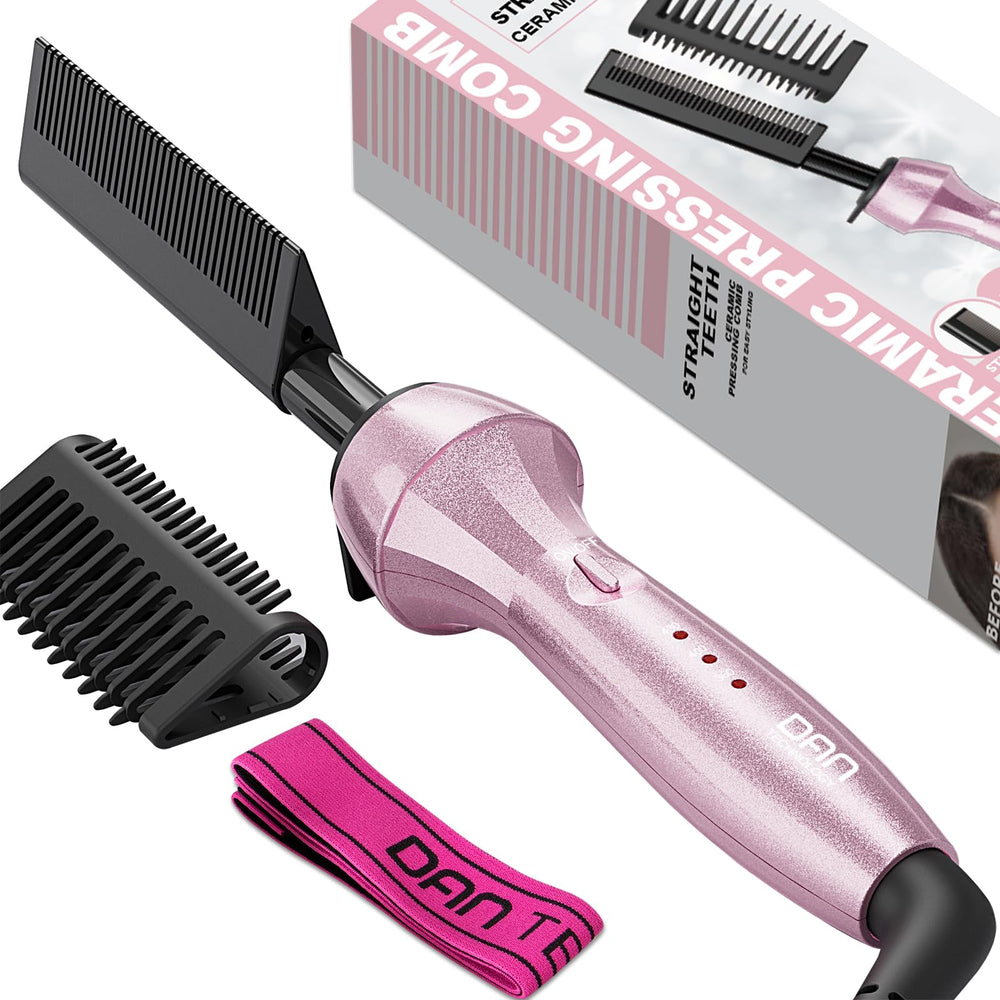 DAN Technology 500 High Heat hot comb pink handle demonstrates smooth straightening for wigs with frizz control