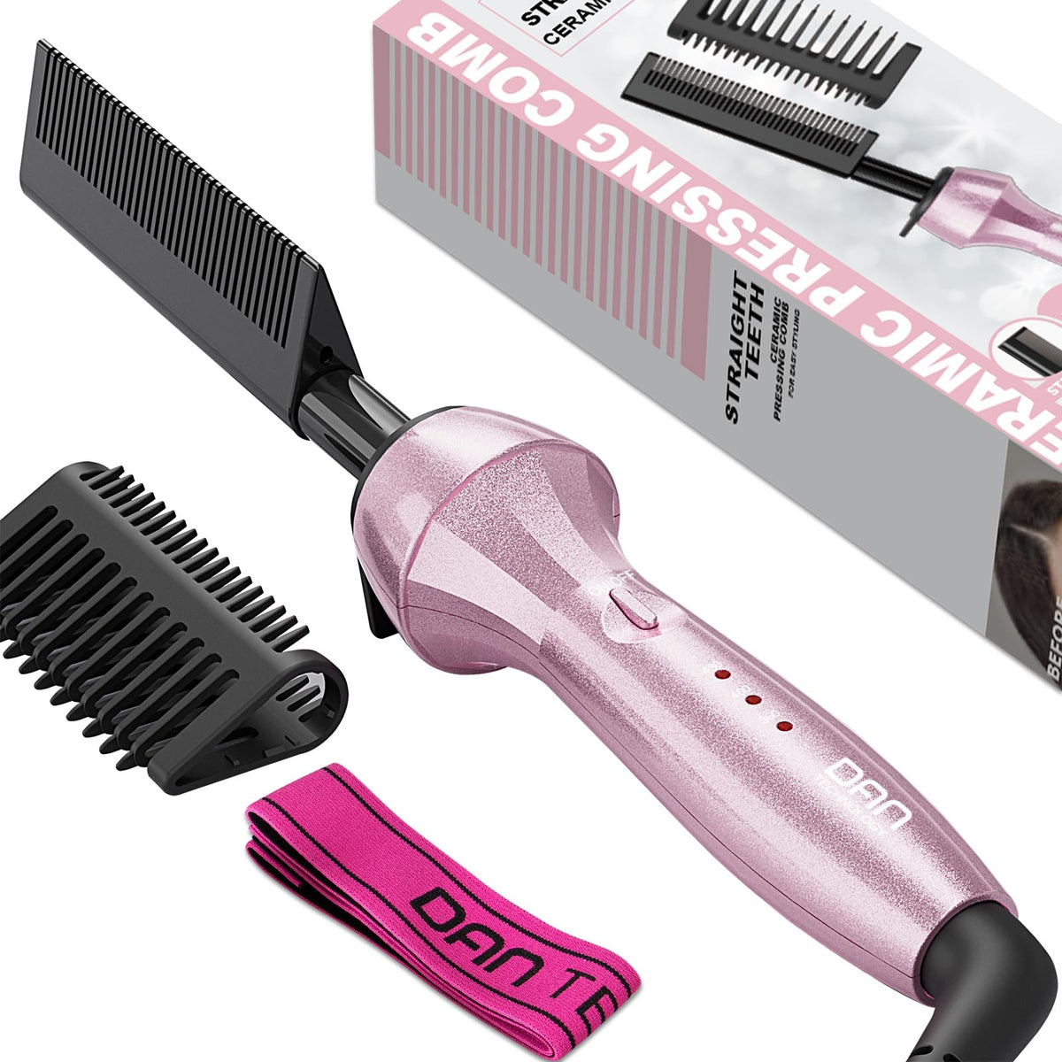 DAN Technology 500 High Heat hot comb pink handle demonstrates smooth straightening for wigs with frizz control