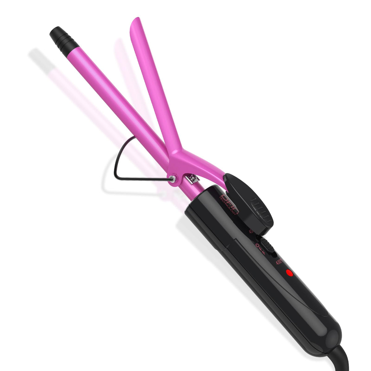 DAN Technology curling iron front view emphasizes a compact ceramic barrel for quick curls.