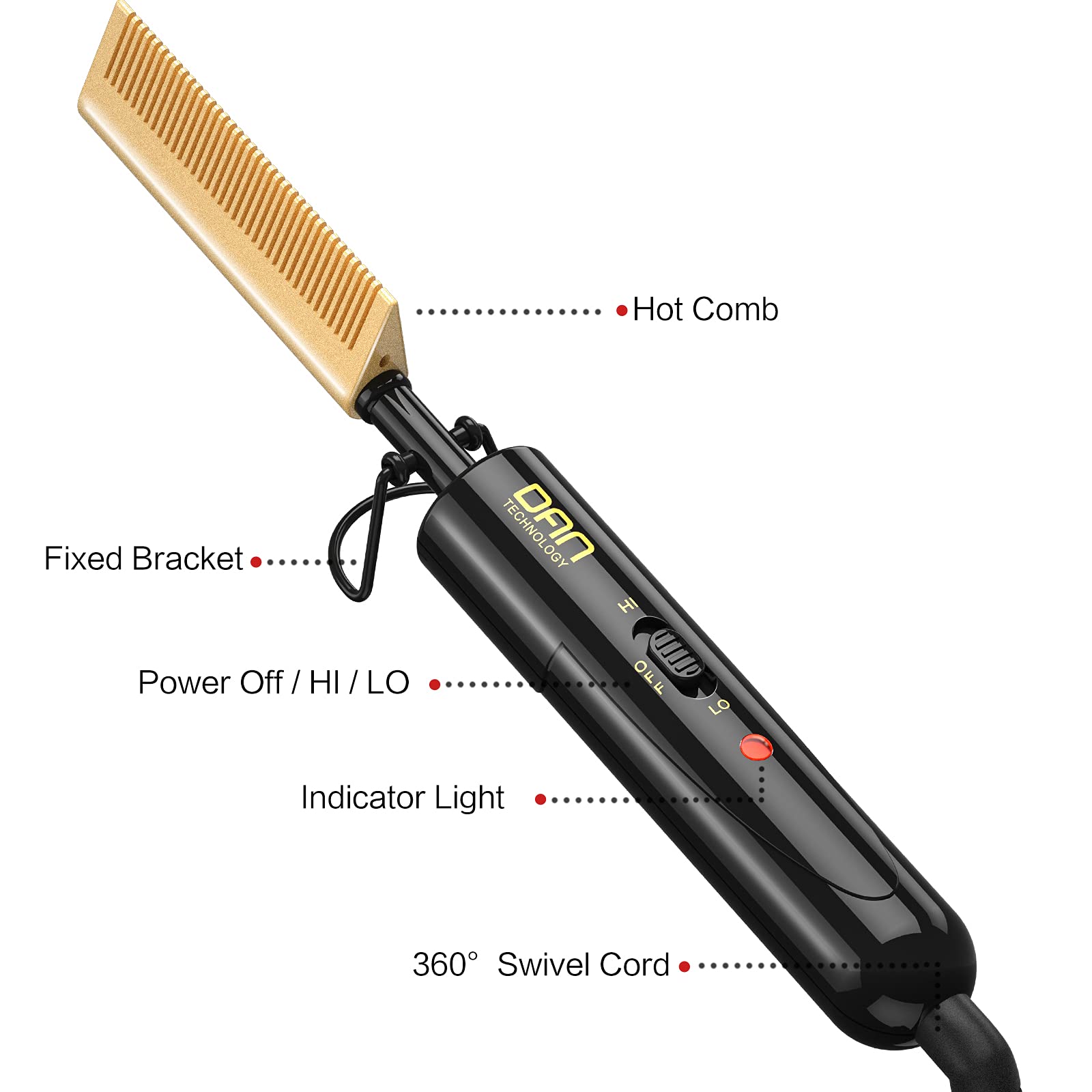 DAN Technology compact hot comb fits in travel case for on-the-go styling.