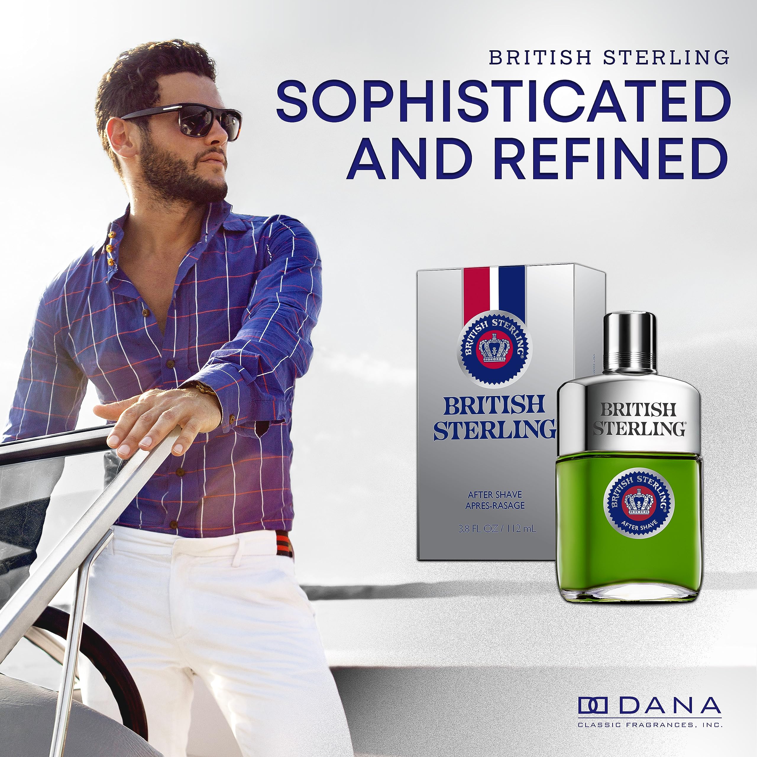 Dana British Sterling aftershave label—elegant branding enhances premium masculine appeal.