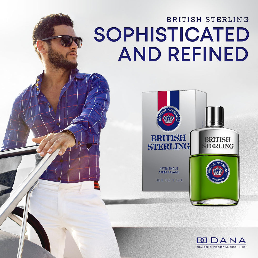 Dana British Sterling aftershave label—elegant branding enhances premium masculine appeal.