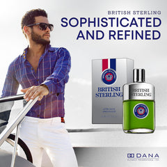 Dana British Sterling aftershave label—elegant branding enhances premium masculine appeal.