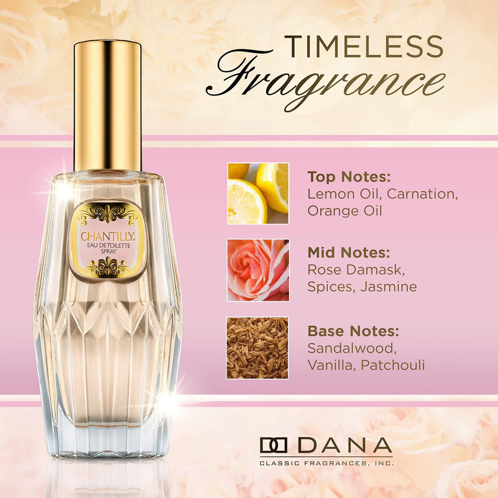 Dana Chantilly EDT base-notes closeup reveals sandalwood vanilla for warm, lingering presence.