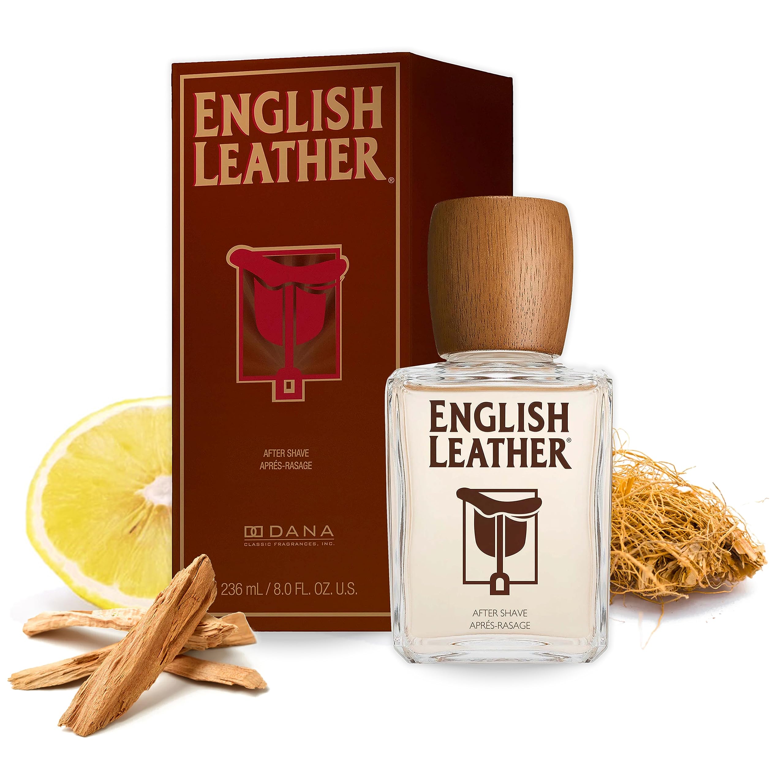 Dana English Leather After Shave Splash bottle close-up for a timeless masculine scent ritual.
