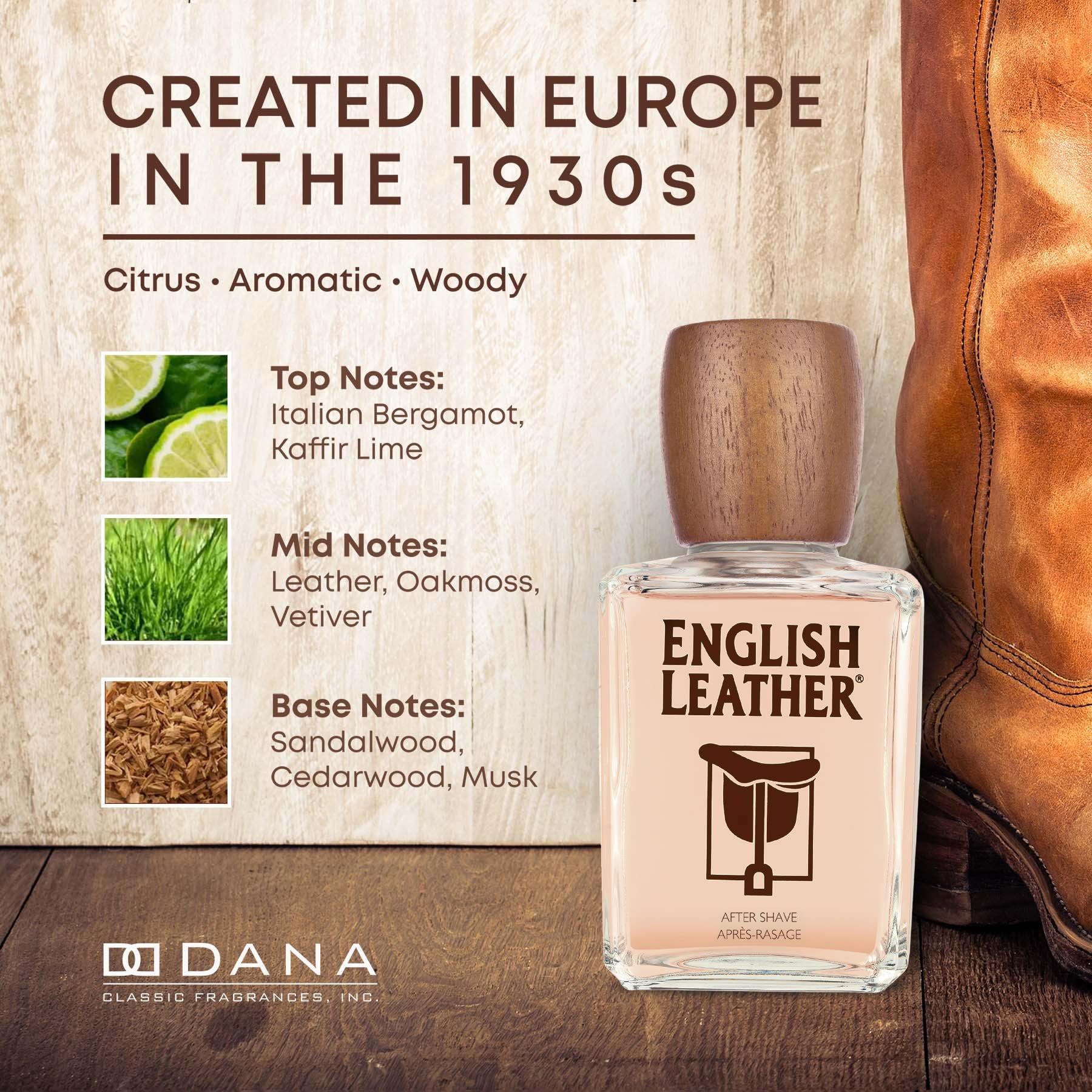 Dana English Leather notes showcase top bergamot and kaffir lime for bright introduction.