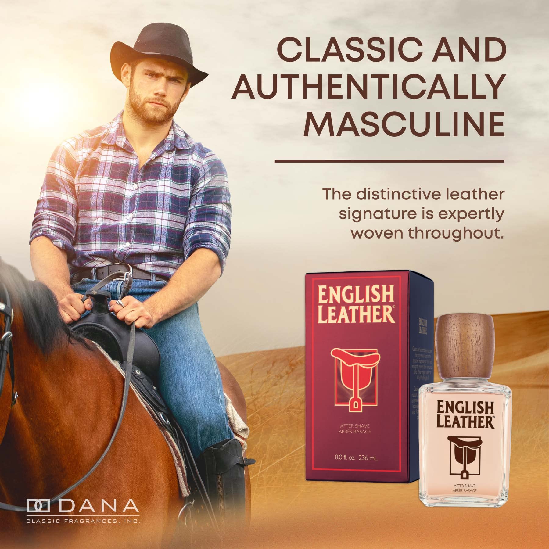 Dana English Leather on-shelf presentation highlighting classic grooming heritage.