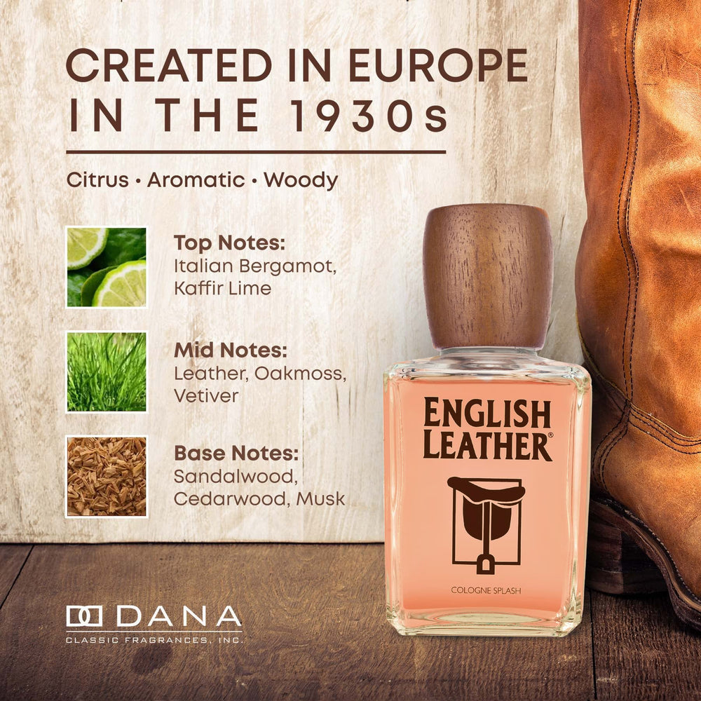 Dana English Leather Cologne packaging shows premium presentation for gifting or personal treat.
