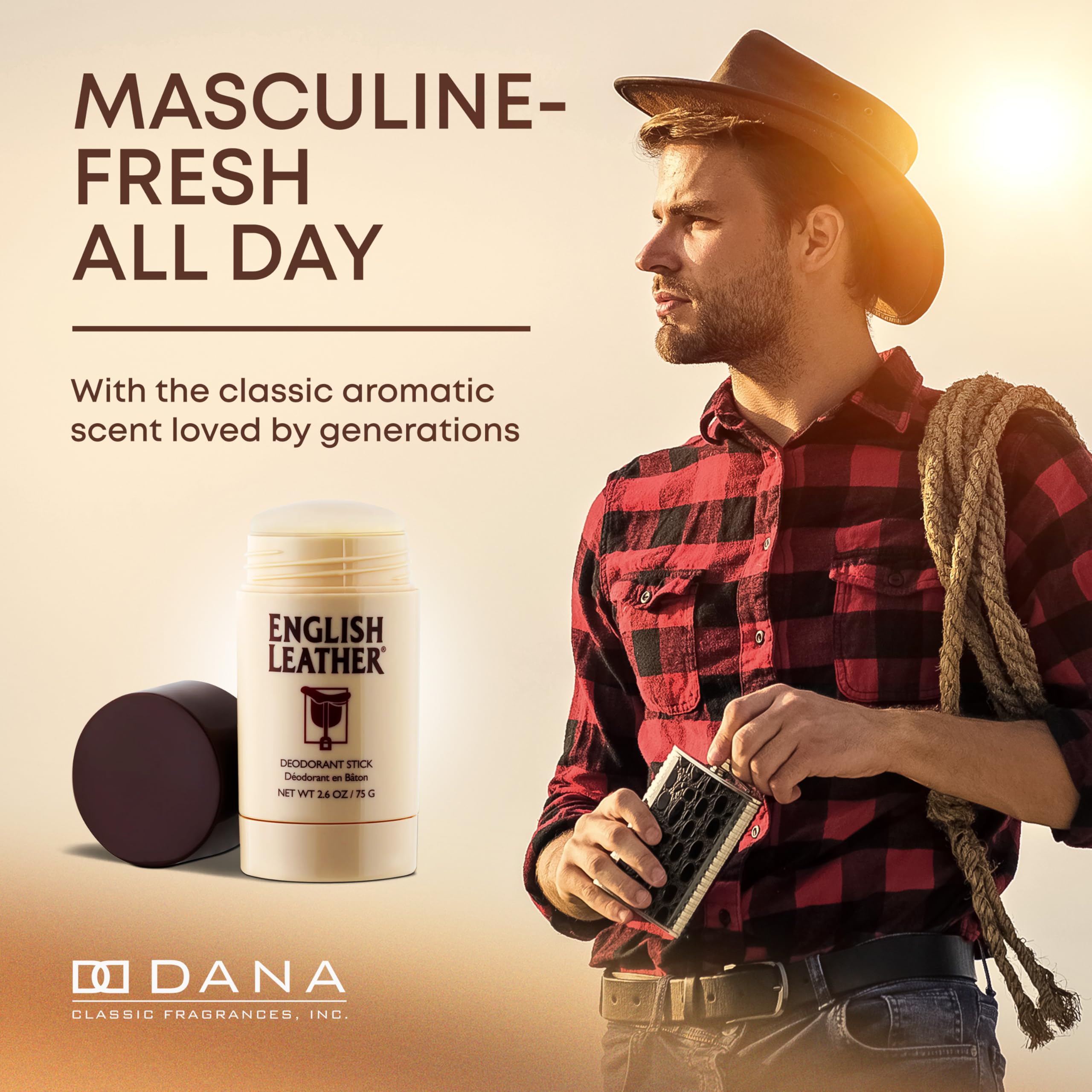 Dana English Leather deodorant stick top view emphasizes compact travel size.