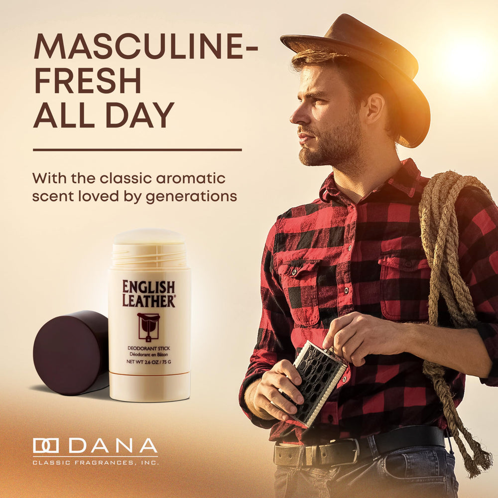 Dana English Leather deodorant stick top view emphasizes compact travel size.