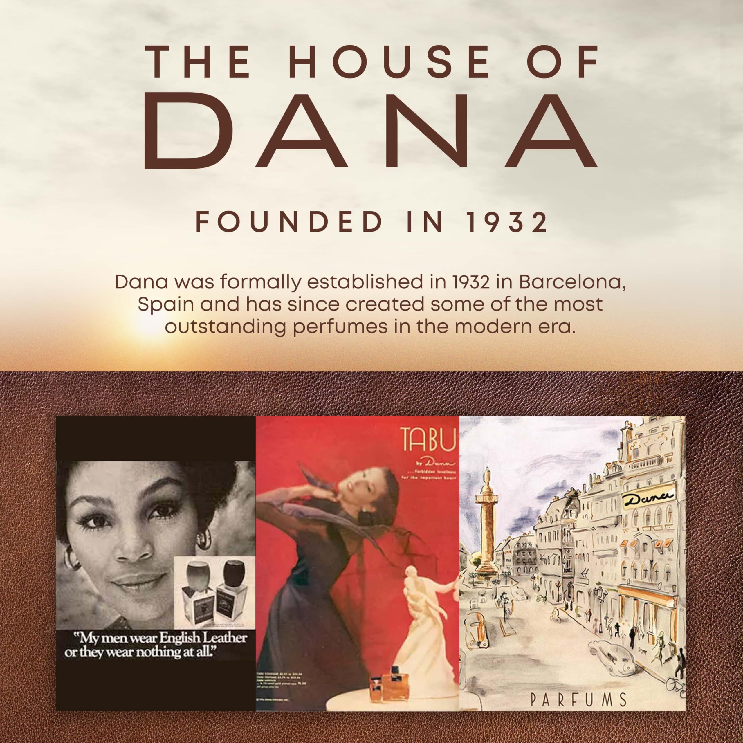 Dana English Leather gift-ready imagery conveys elegant packaging for thoughtful presents.