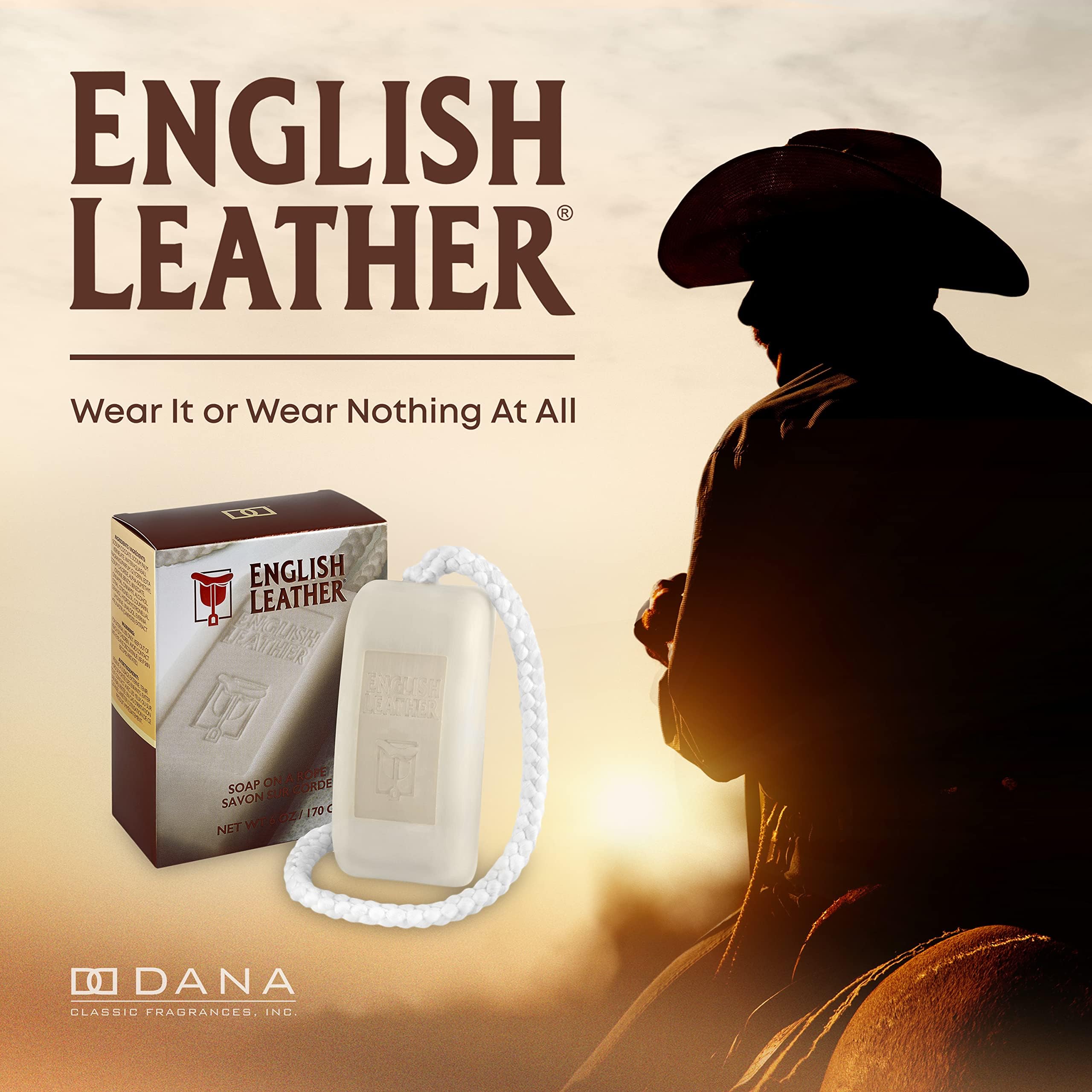 Dana English Leather Soap on a Rope close-up fragrance-detail highlights bergamot and kaffir lime for a crisp opening.