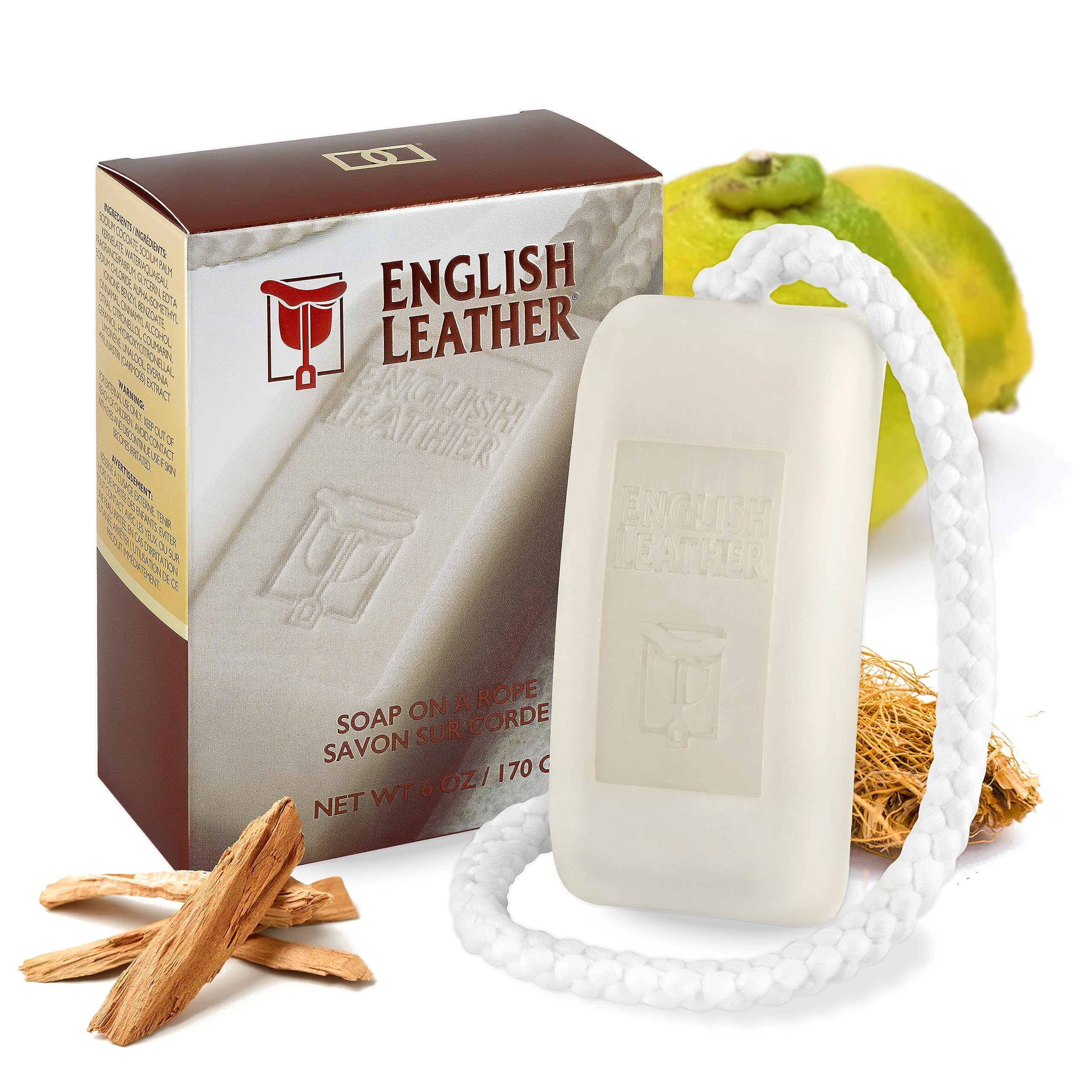Dana English Leather Soap on a Rope packshot highlights long-lasting fragrance for daily grooming.