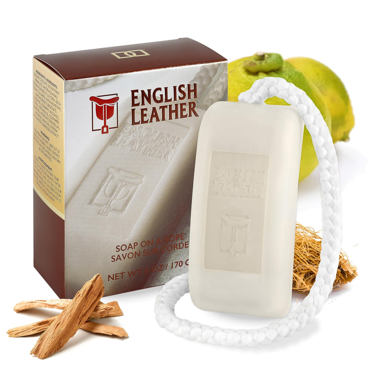 Dana English Leather Soap on a Rope packshot highlights long-lasting fragrance for daily grooming.