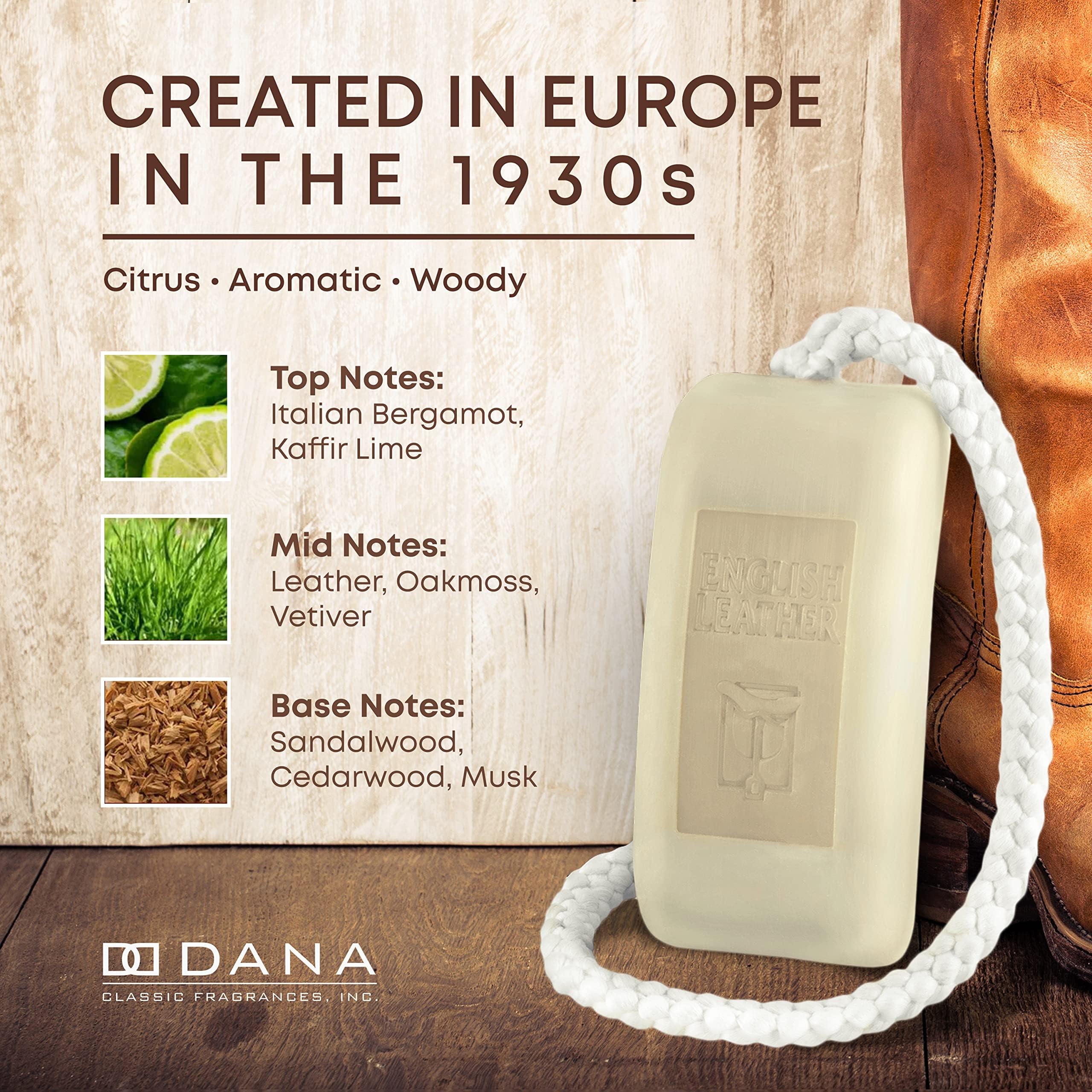 Dana English Leather Soap on a Rope texture-close reveals triple-milled craftsmanship and lasting quality.