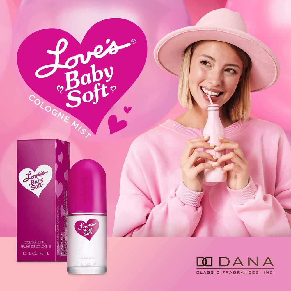 Dana Loves Baby Soft bottle closeup highlights nostalgic pink packaging and powdery scent.