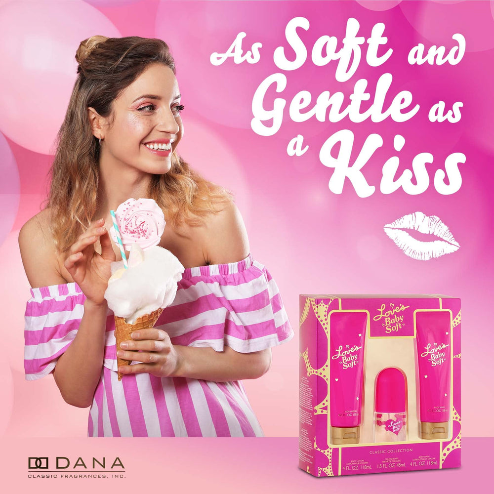 Dana Love's Baby Soft Gift Set baby lotion closeup shows silky texture for gentle moisture.