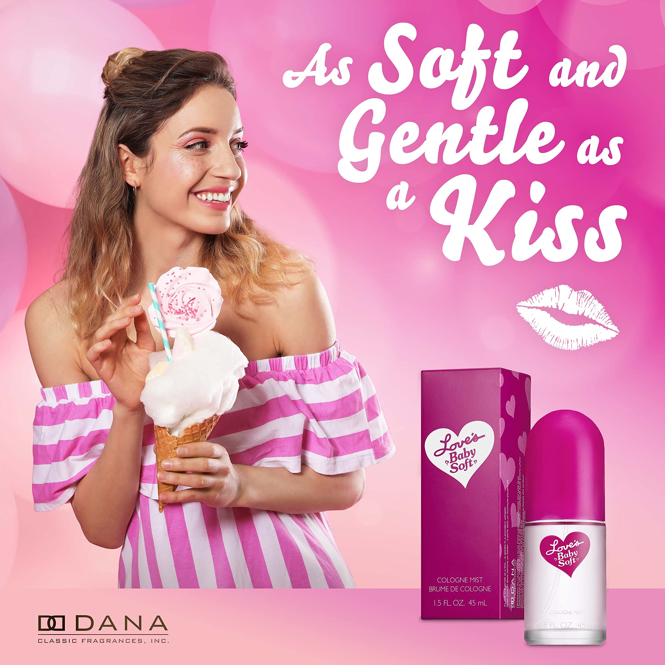 Dana Love's Baby Soft pink bottle; feminine scent for casual everyday wear.