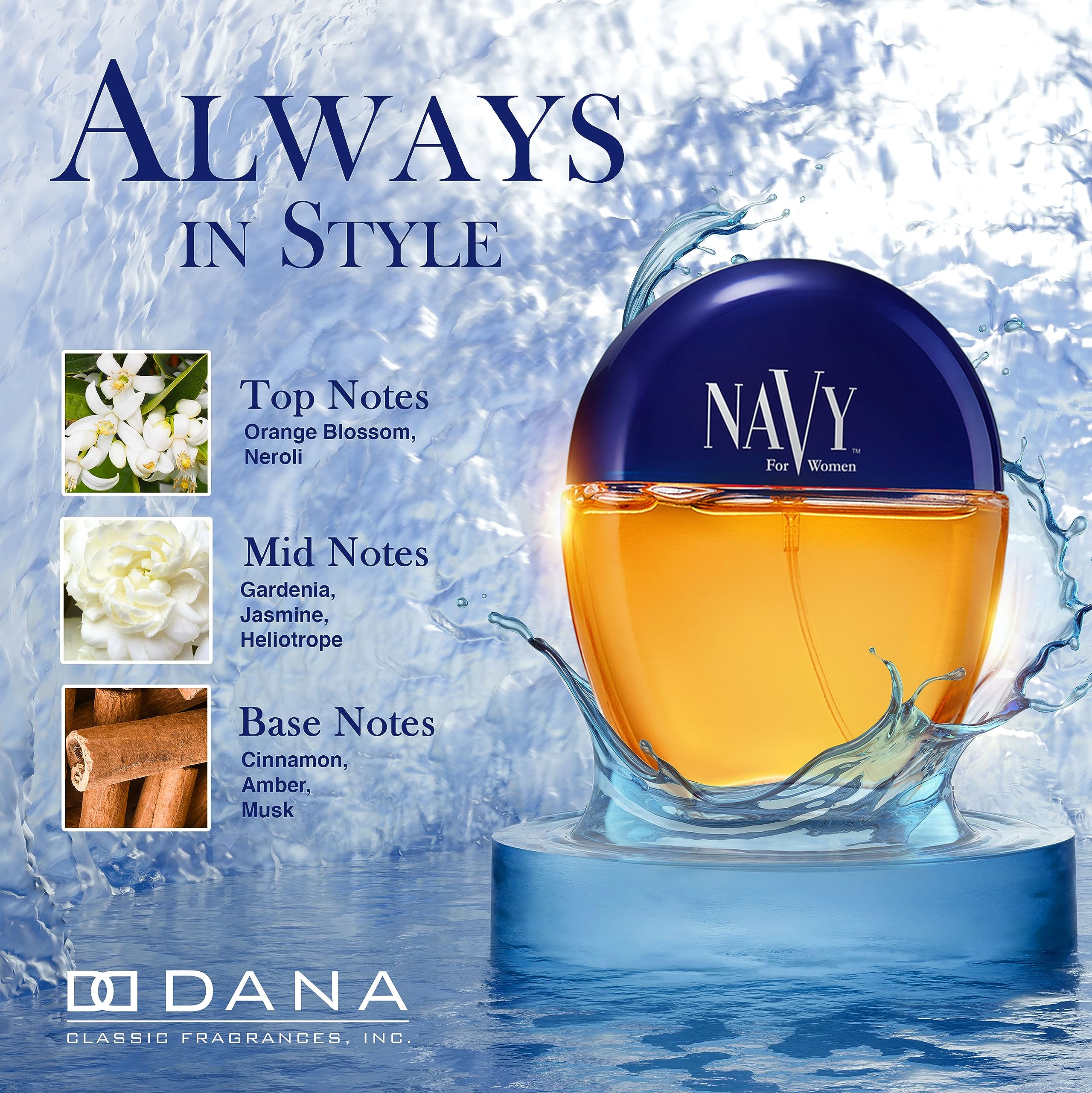 Dana Navy mid-notes image highlights jasmine and gardenia for a romantic touch