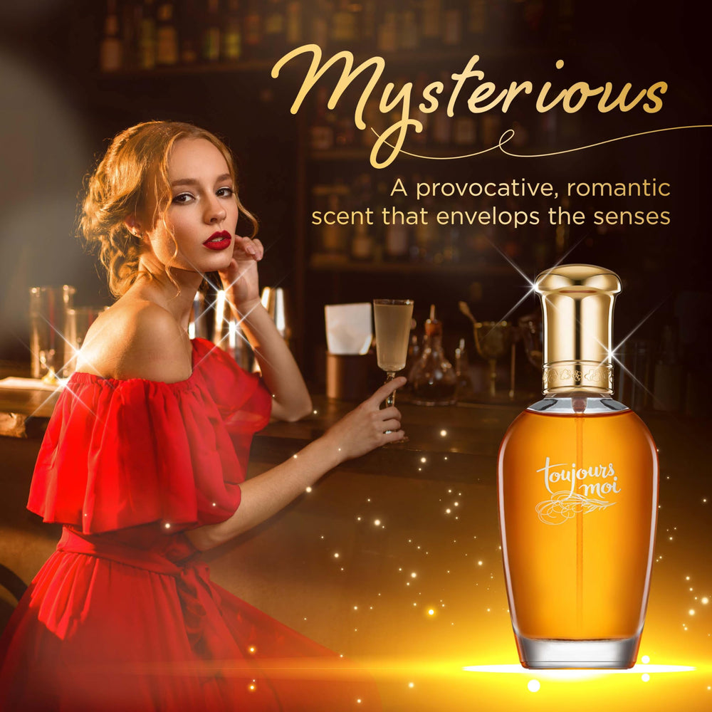 Dana Toujours Moi spray bottle being applied to the wrist suggests a subtle daytime scent.