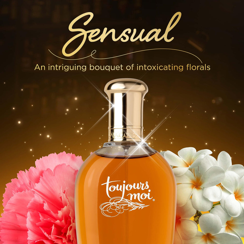 Dana Toujours Moi closeup of the cap and bottle emphasizes opulent oriental floral notes.