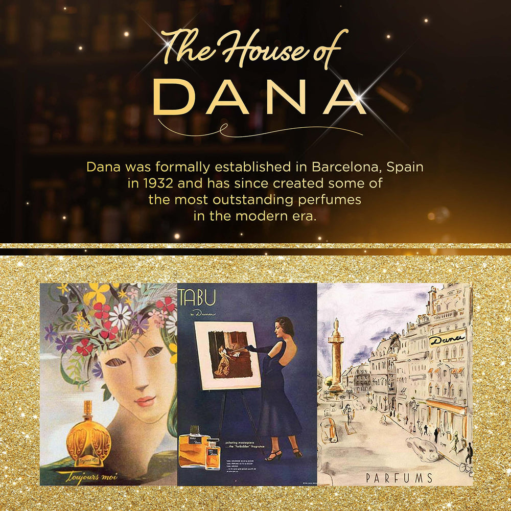 Dana Toujours Moi bottle with floral backdrop signals a versatile evening-out fragrance.