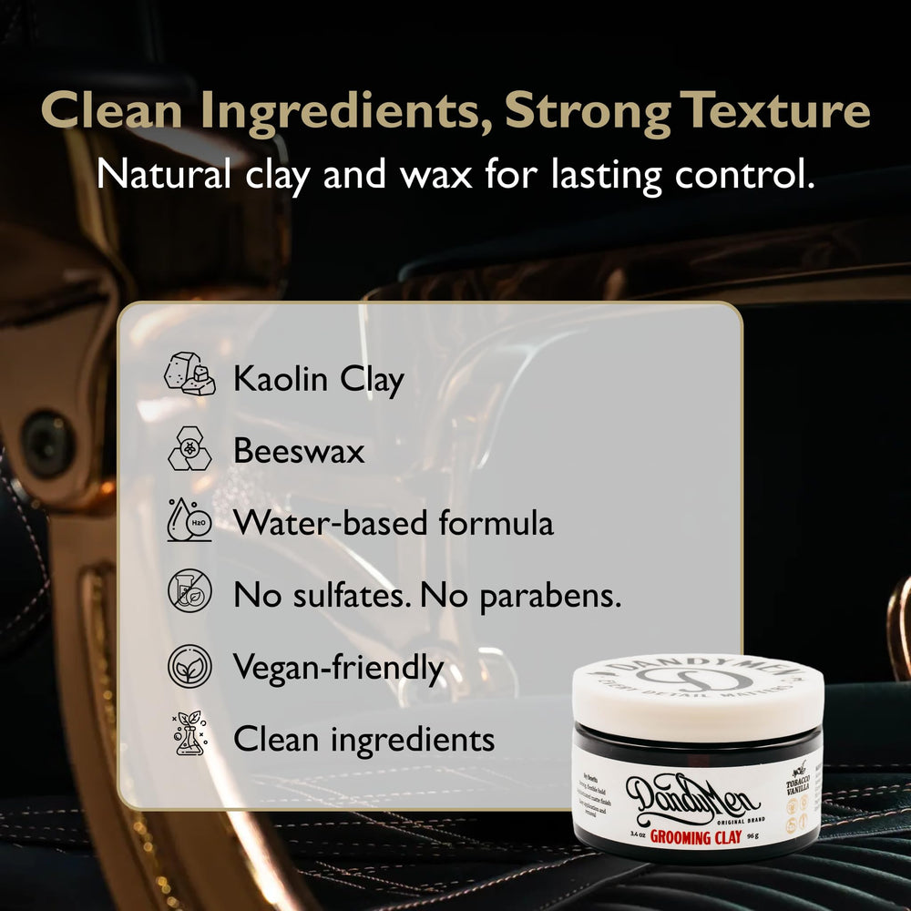 DandyMen Grooming Clay tobacco-vanilla scent adds warm, subtle fragrance during grooming.