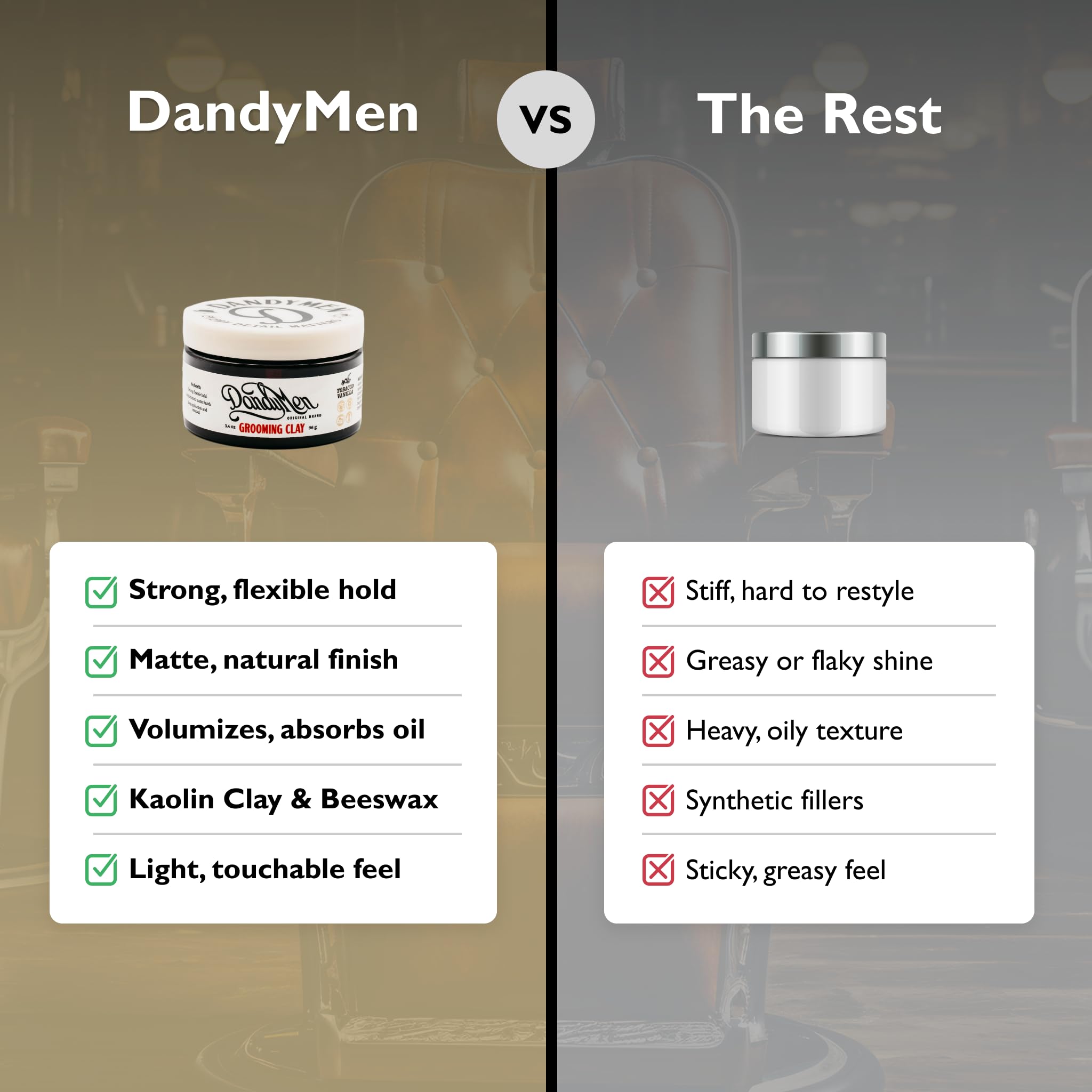 DandyMen Grooming Clay textured-style shot illustrates versatile looks with strong hold.