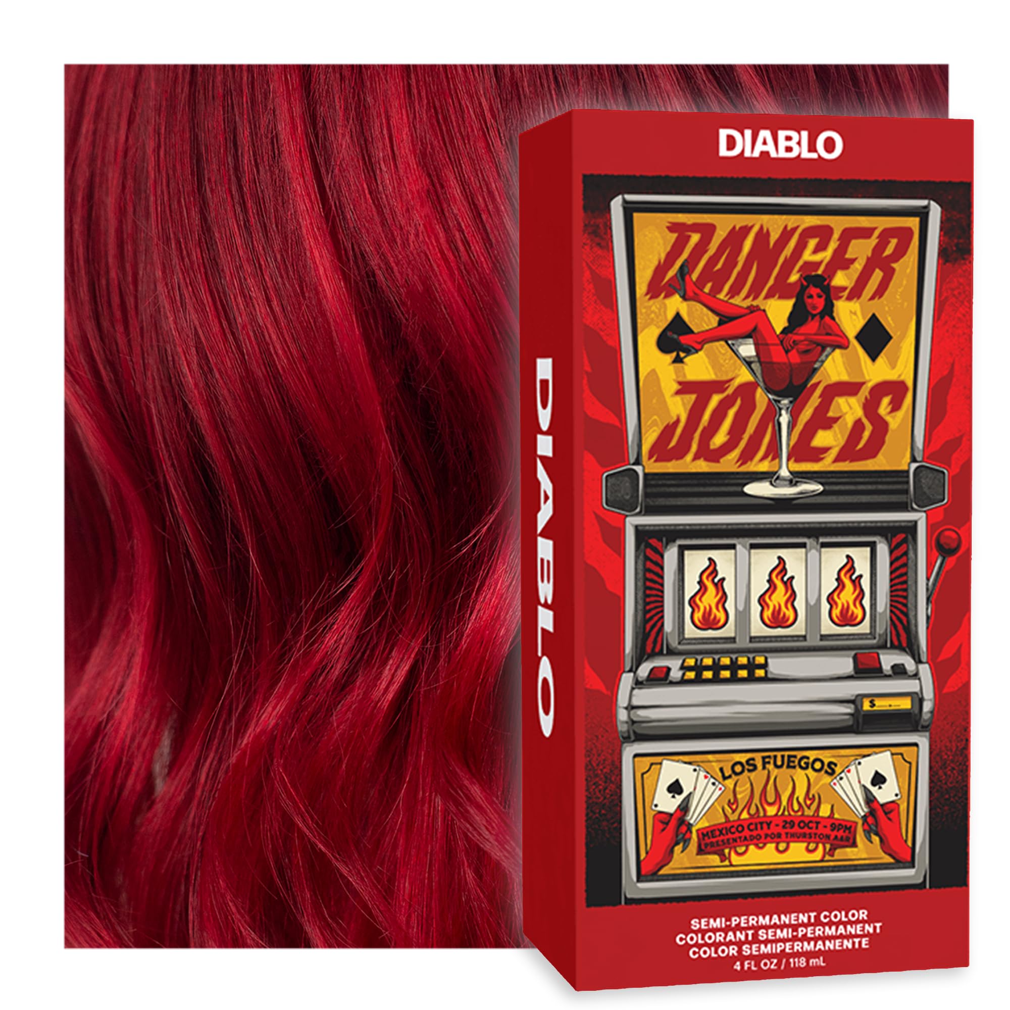 Danger Jones Diablo Red bottle closeup shows vibrant, ammonia-free color for bold looks.