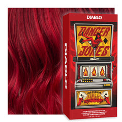Danger Jones Diablo Red bottle closeup shows vibrant, ammonia-free color for bold looks.