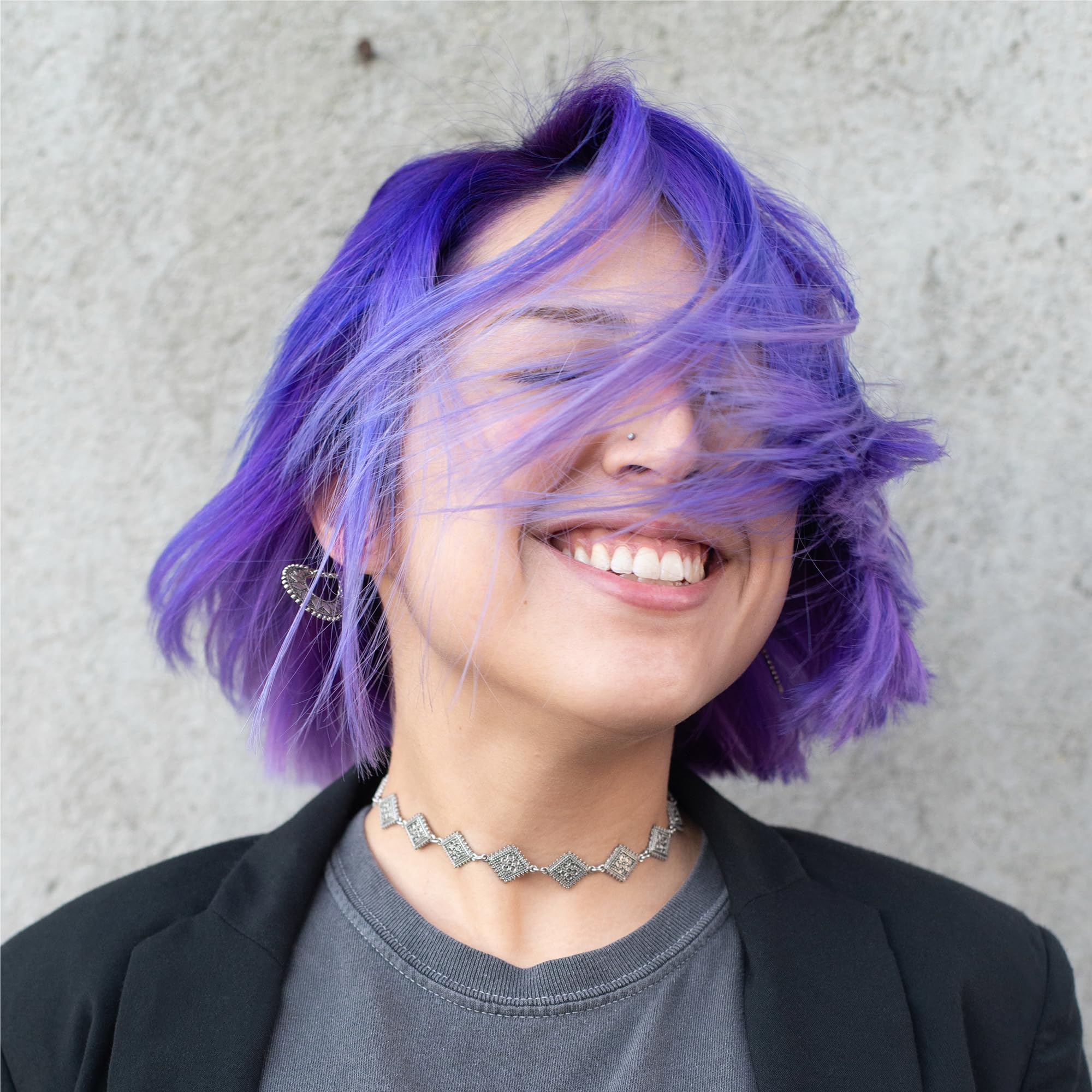 Danger Jones Exotica light purple hair before after showcases dramatic color shift.