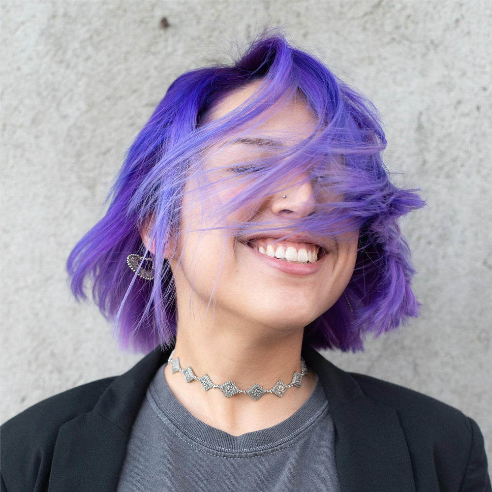 Danger Jones Exotica light purple hair before after showcases dramatic color shift.