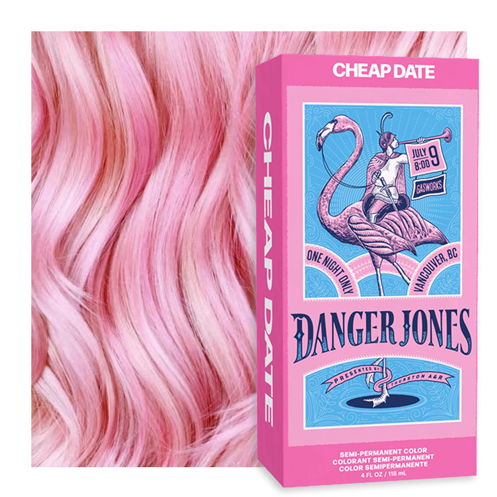 Danger Jones Cheap Date light pink front view shows vibrant color and fade-friendly results.