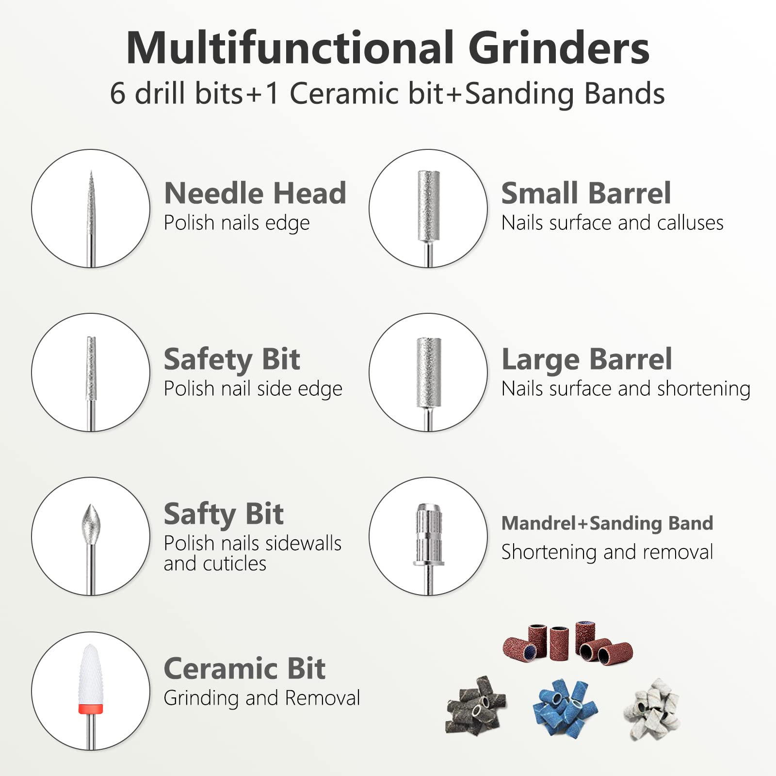 DANNARY nail drill bits kit with six metal bits and one ceramic bit close-up